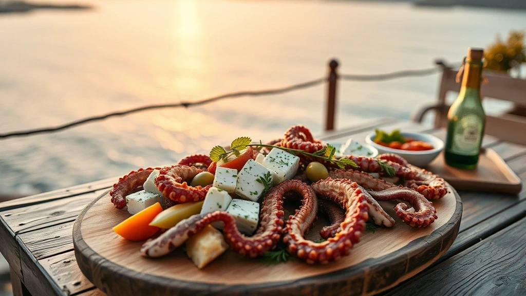 Traditionelle griechische Meze-Platte mit Meerblick