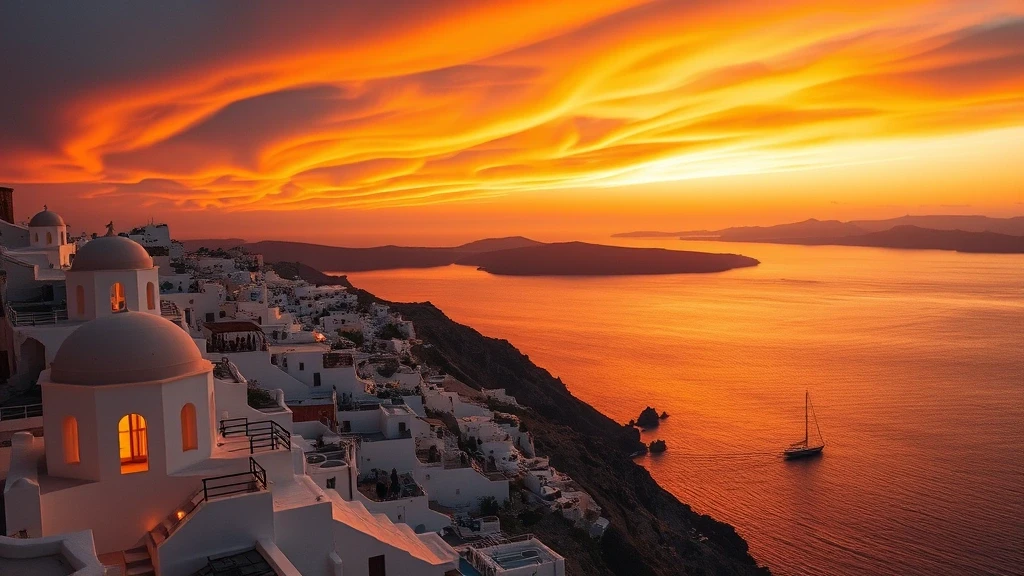 Santorini-Kaldera bei Sonnenuntergang mit dramatischem Himmel