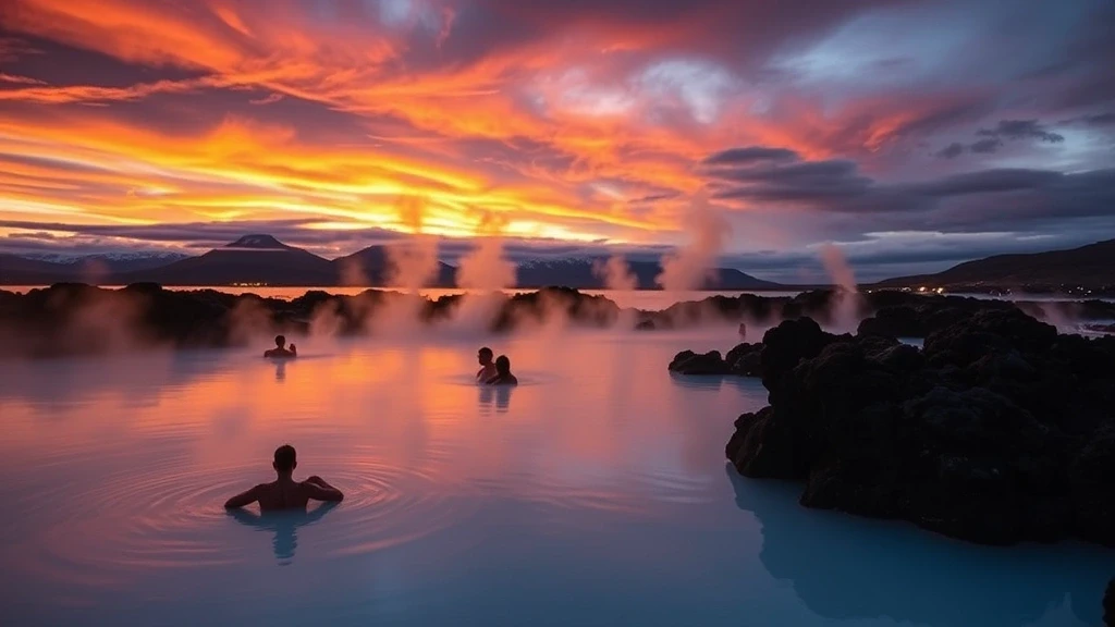 Sonnenuntergang über der Blauen Lagune in Grindavík mit geothermalem Dampf und vulkanischen Felsen