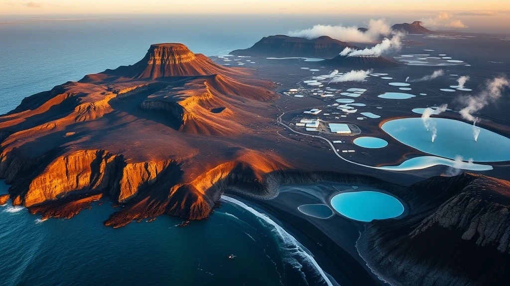 Dramatische Luftaufnahme der vulkanischen Küste von Grindavík mit schwarzen Stränden und geothermalen Quellen zur goldenen Stunde