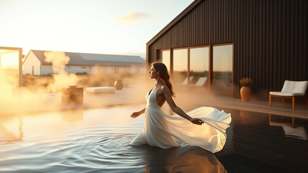 Elegante Frau im weissen Kleid geniesst private geothermalquelle in Grindavík Luxusresort