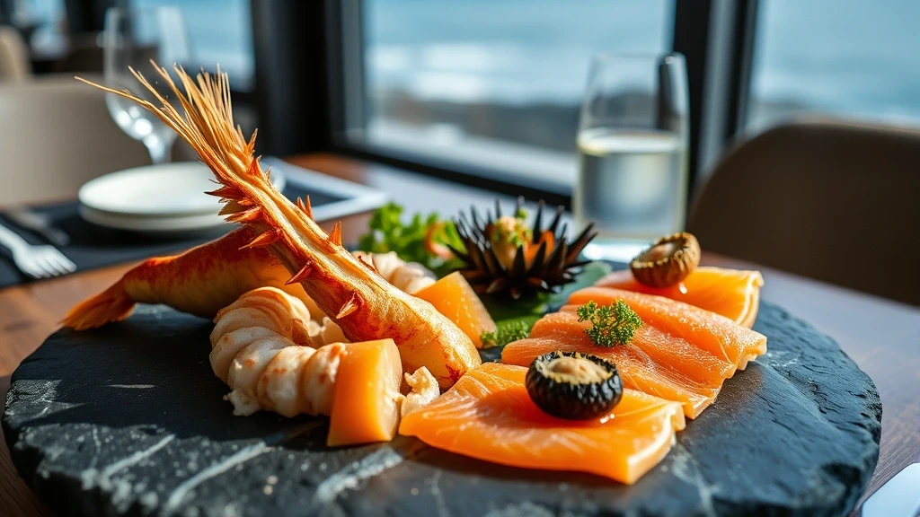 Artisanales isländisches Meeresfrüchte-Teller mit Langustine und Lachs in Grindavík Restaurant