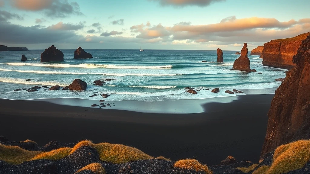 Panoramablick auf schwarzen Sandstrand und Basaltsäulen in Grindavík bei Morgenlicht