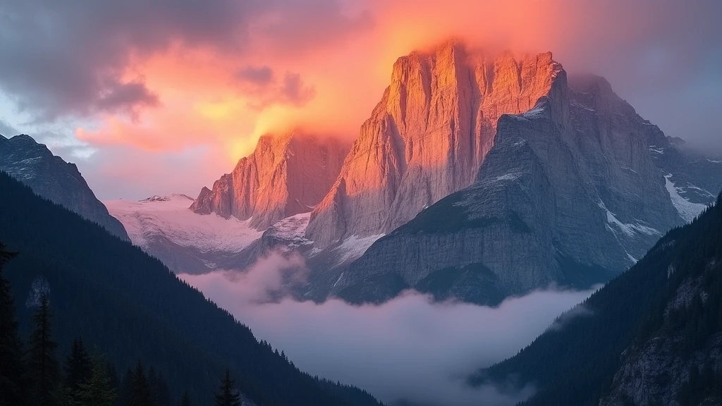Sonnenuntergang ueber der Eiger Nordwand in Grindelwald mit Alpengluehen