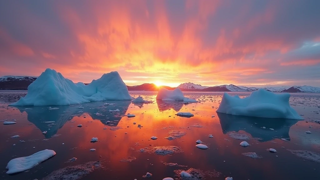 Sonnenuntergang ueber der Disko-Bucht in Grönland, Dänemark mit leuchtenden Eisbergen