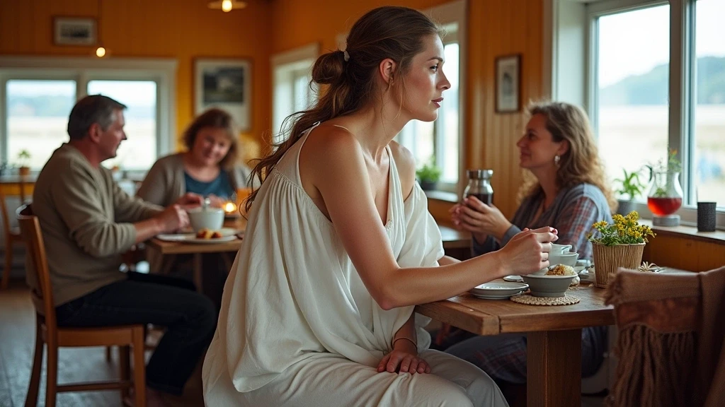 Elegante Frau bei traditionellem kaffemik in Grönland, Dänemark mit lokaler Bevoelkerung