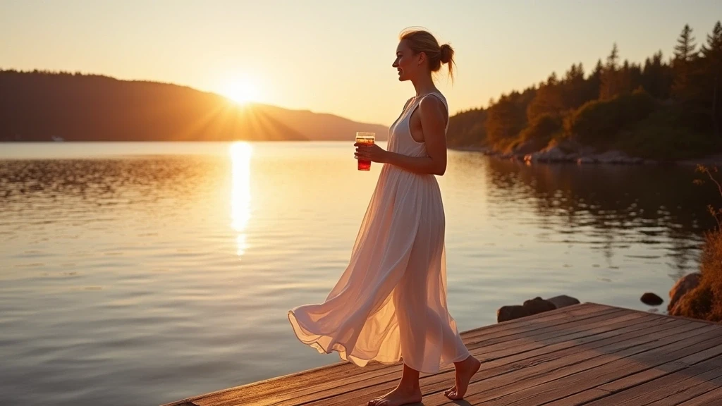 Elegante Frau in weissem Kleid geniesst Sonnenuntergang am Fjord in Grönland
