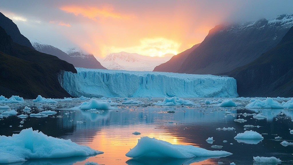 Panoramablick auf einen kalbenden Gletscher in einem Fjord in Grönland bei Sonnenuntergang