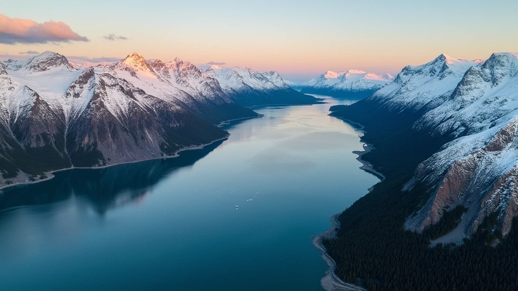 Dramatische Luftaufnahme der schneebedeckten Berge und Fjorde von Grönland zur goldenen Stunde