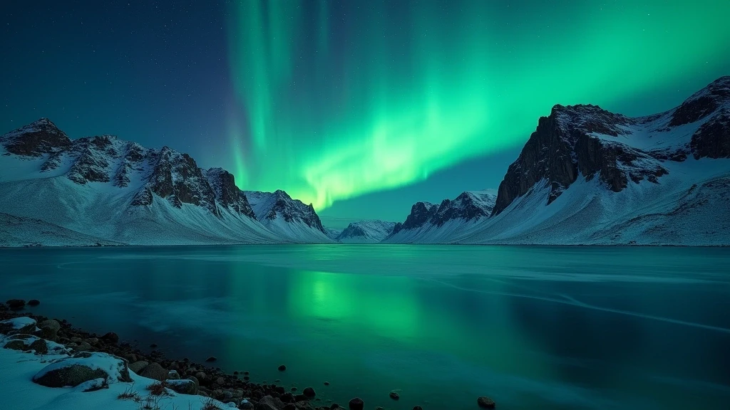 Nordlichter ueber einem gefrorenen See in Grönland mit Bergkulisse im Hintergrund