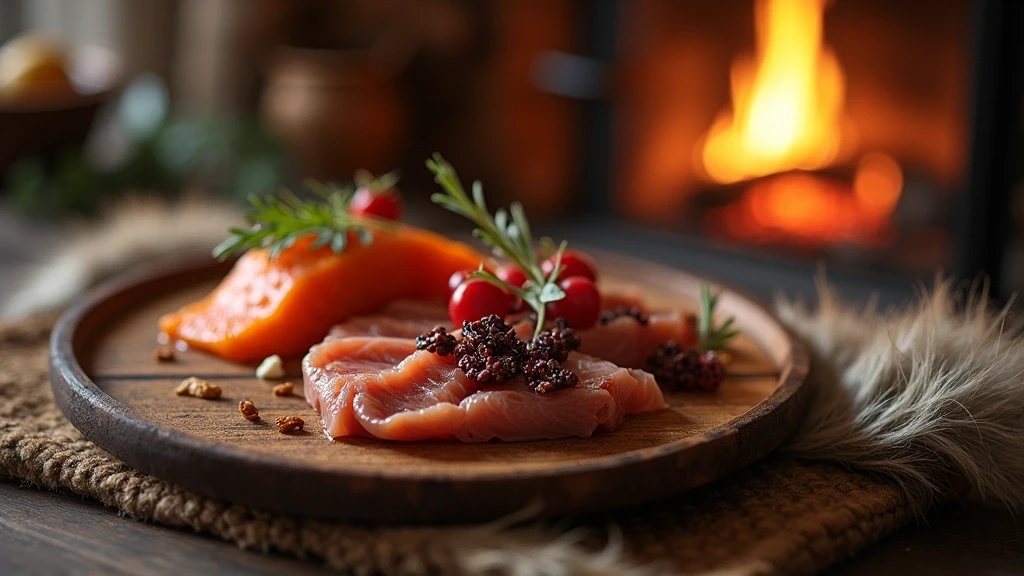 Traditionelle groenlaendische Kueche mit Lachs, Rentierfleisch und Beeren auf Holzplatte