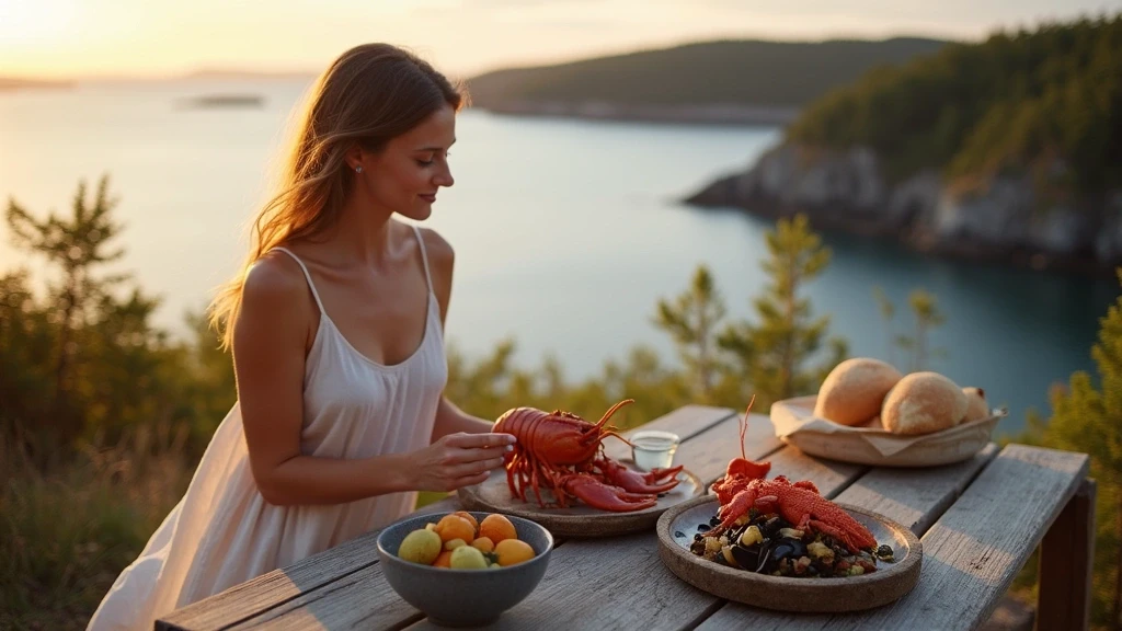 Elegante Frau geniesst lokale Meeresfruechte mit Blick auf Bonne Bay in Gros Morne National Park