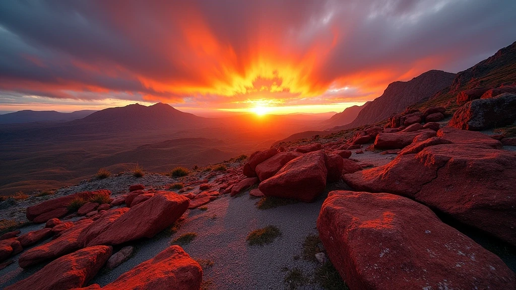 Sonnenuntergang ueber den Tablelands in Gros Morne National Park mit dramatischen Farben