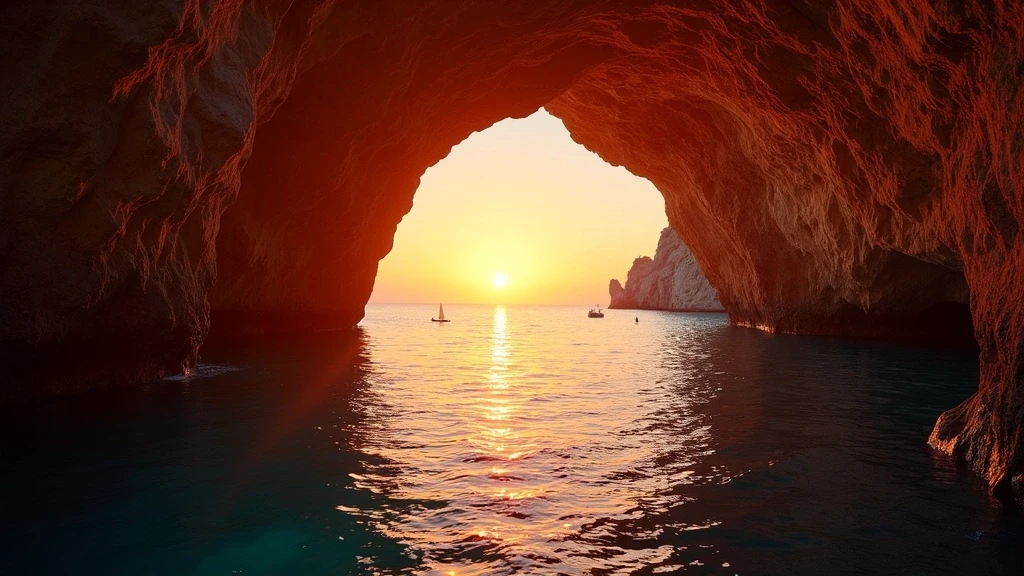 Sonnenuntergang ueber den Grotten von Capri mit goldenem Licht auf Kalksteinhoehlen