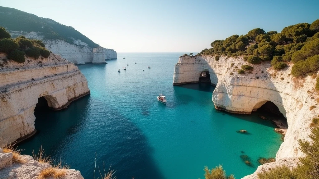 Panoramablick auf die Grotten von Capri mit tuerkisfarbenem Meer und Kalksteinformationen
