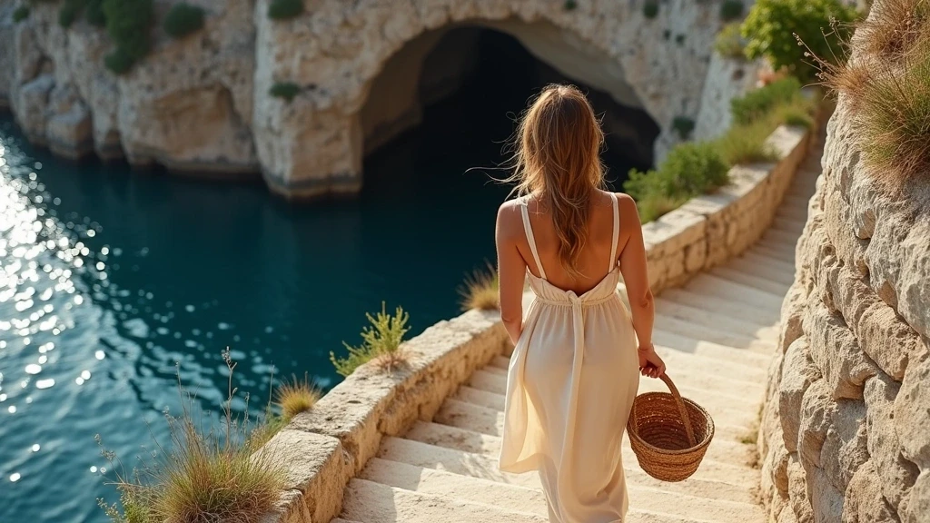 Stylische Reisende erkundet steinerne Treppen zu den Grotten von Capri mit handgefertigtem Korb