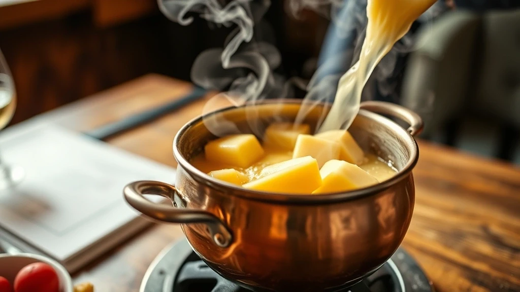 Traditionelles Schweizer Kaesefondue in Kupferkessel in Gstaader Restaurant