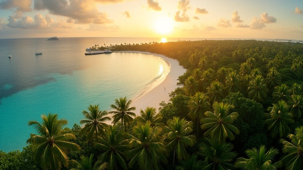 Panoramablick auf Guraidhoo, Malediven, zur goldenen Stunde mit Palmen und Strand