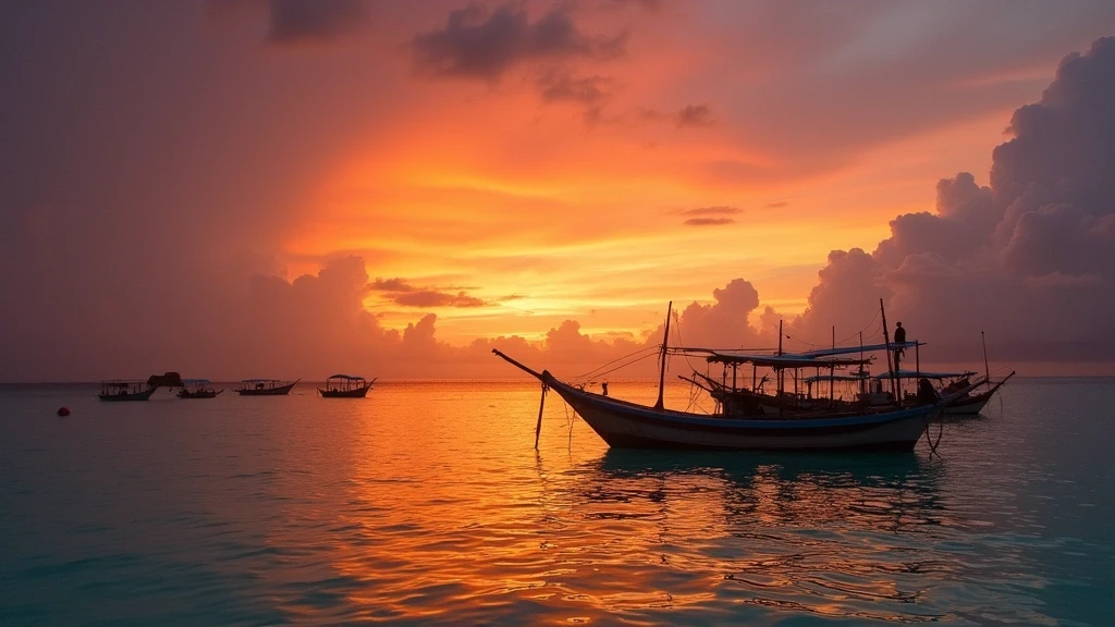 Dramatischer Sonnenuntergang mit Dhoni-Booten vor Guraidhoo, Malediven