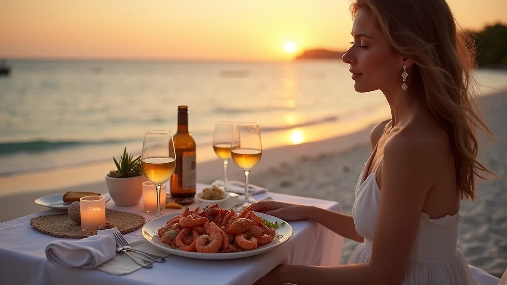 Elegantes Abendessen am Strand von Guraidhoo, Malediven, mit Meeresfruechten
