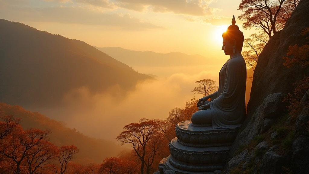 Goldene Stunde am Seokguram-Grotto in Gyeongju mit Herbstlaub und Nebel