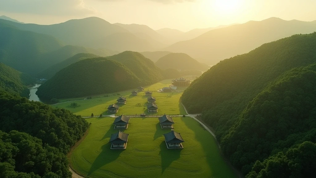 Luftaufnahme der antiken Silla-Graeberhuegel in Gyeongju zur goldenen Stunde