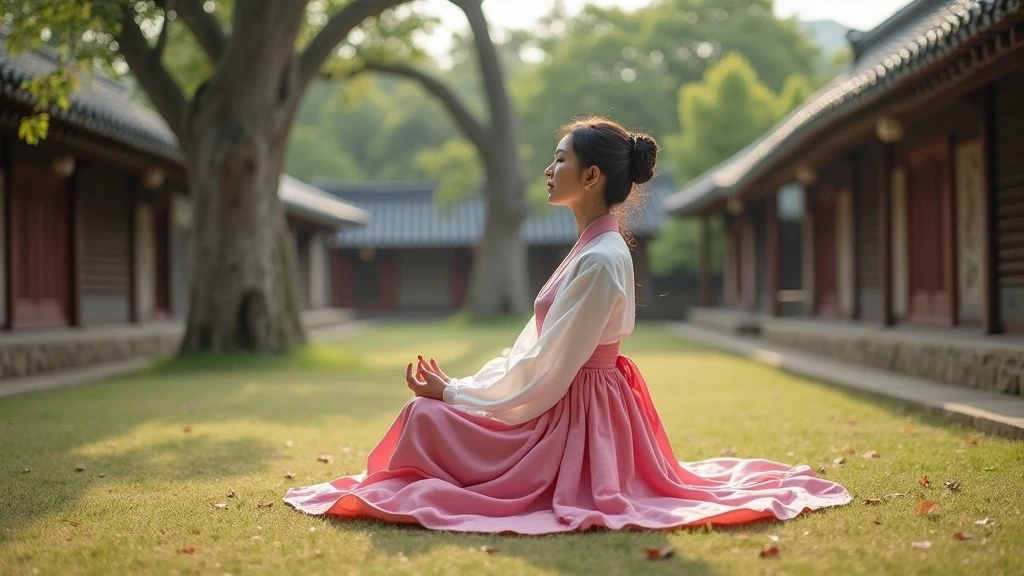 Elegante Frau in Hanbok meditiert im Yangdong-Dorf in Gyeongju