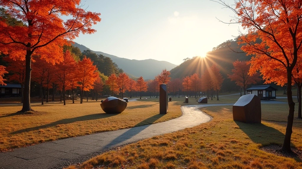 Panoramablick auf den Hakone Freilichtmuseum-Skulpturengarten in Japan mit Herbstlaub und Kunstinstallationen