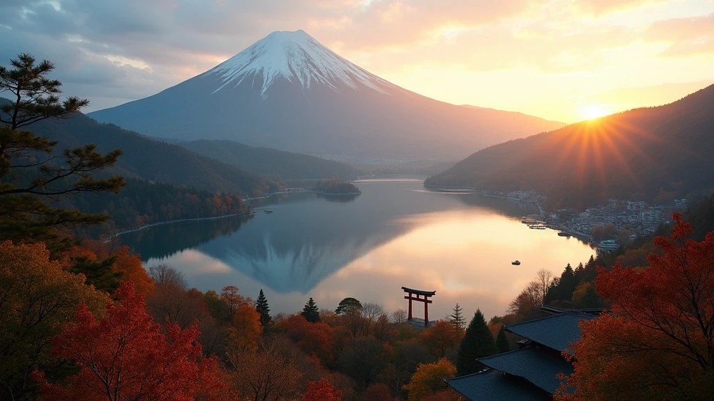 Luftaufnahme von Hakone, Japan: Mount Fuji spiegelt sich im Ashi-See mit Herbstlaub und Hakone-Schrein-Torii-Tor zur goldenen Stunde