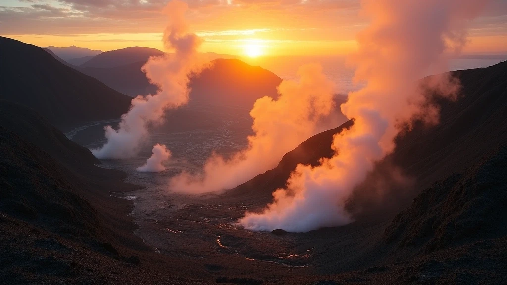 Sonnenuntergang ueber dem Owakudani-Vulkantal in Hakone, Japan mit Dampfquellen und goldenem Licht
