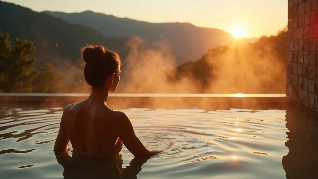 Elegante Reisende im privaten Onsen mit Waldblick in Hakone, Japan bei Sonnenuntergang