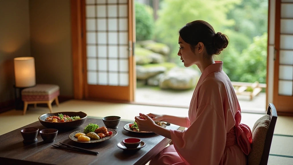 Elegante Frau im Kimono geniesst Kaiseki-Kueche in Hakone-Ryokan mit Gartenblick, Japan