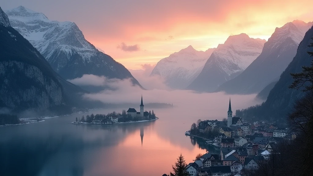 Sonnenaufgang über dem Dachstein-Gebirge mit Blick auf Hallstatt im Tal