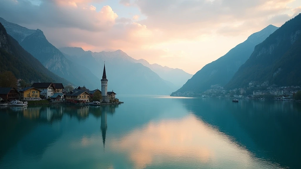 Panoramablick auf den Hallstätter See bei Sonnenuntergang mit alpiner Kulisse