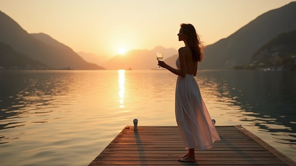 Elegante Frau am privaten Steg des Hallstätter Sees bei Sonnenuntergang