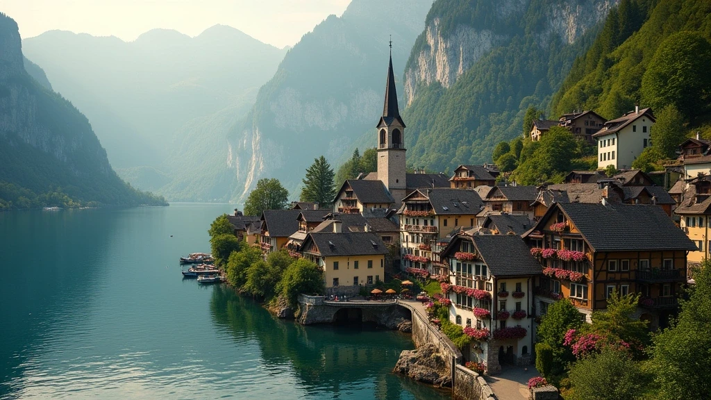 Luftaufnahme von Hallstatt am Hallstätter See mit Dachstein-Gebirge zur goldenen Stunde