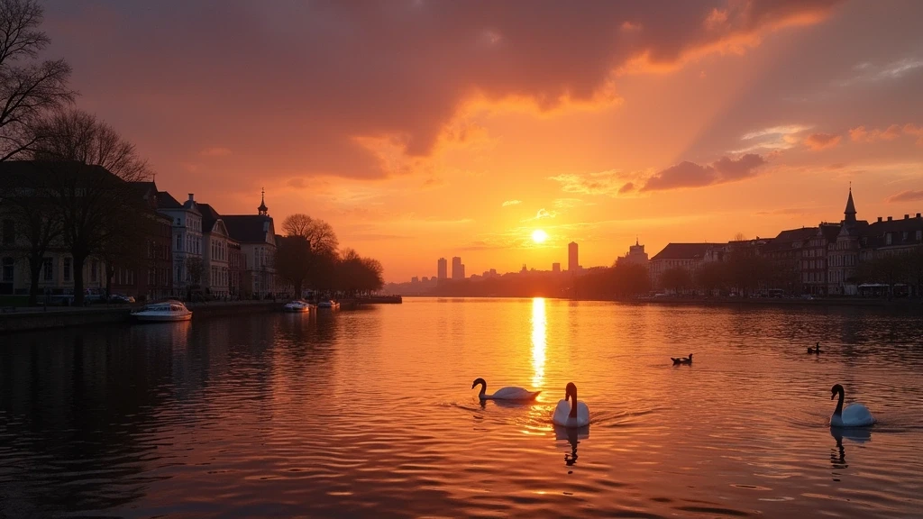 Sonnenuntergang über den Alster-Seen in Hamburg mit Spiegelungen und Schwänen