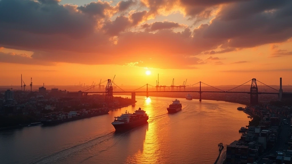 Panoramablick auf die Elbe in Hamburg mit Containerschiffen und Köhlbrandbrücke bei Sonnenuntergang