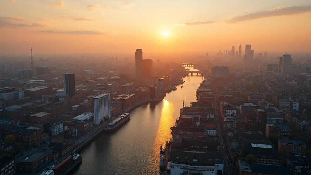 Luftaufnahme von Hamburg mit Elbe, Speicherstadt und Elbphilharmonie zur goldenen Stunde