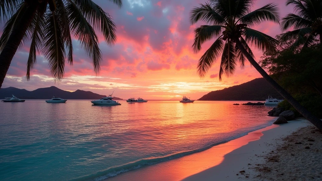 Dramatischer Sonnenuntergang ueber Catseye Beach auf Hamilton Island mit Yachten