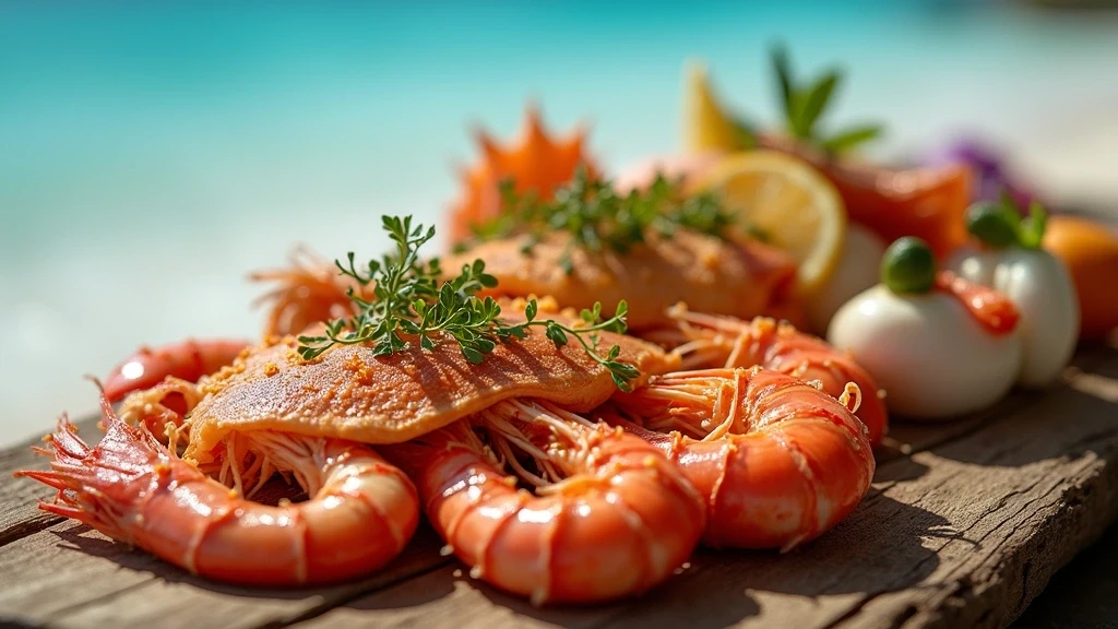 Frisches Meeresfruechte-Platter mit lokalen Spezialitaeten in Strandrestaurant auf Hamilton Island