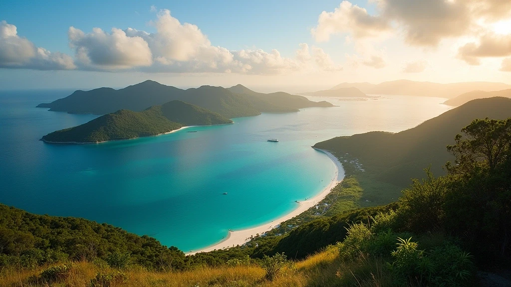 Panoramablick von Passage Peak auf die Whitsunday Islands und tuerkisfarbenes Meer