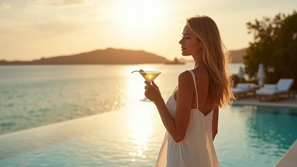 Elegante Frau geniesst Sunset-Cocktails am Infinity-Pool des Qualia Resorts auf Hamilton Island