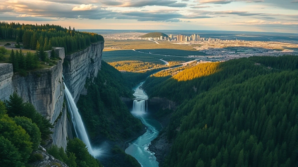 Dramatische Luftaufnahme der Niagara-Escarpment-Klippen und Wasserfälle in Hamilton, Kanada zur goldenen Stunde