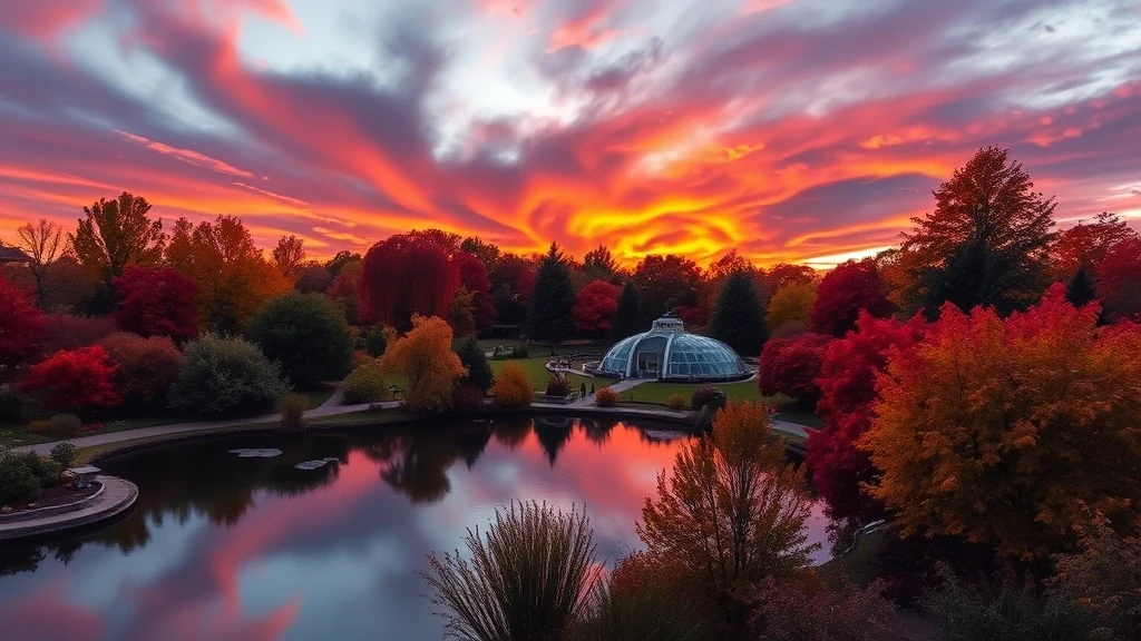 Sonnenuntergang ueber den Royal Botanical Gardens in Hamilton, Kanada mit Herbstlaub und Teichen