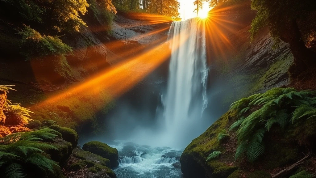 Goldene Stunde am Tew's Falls Wasserfall in Hamilton, Kanada mit Regenbogen und Nebel
