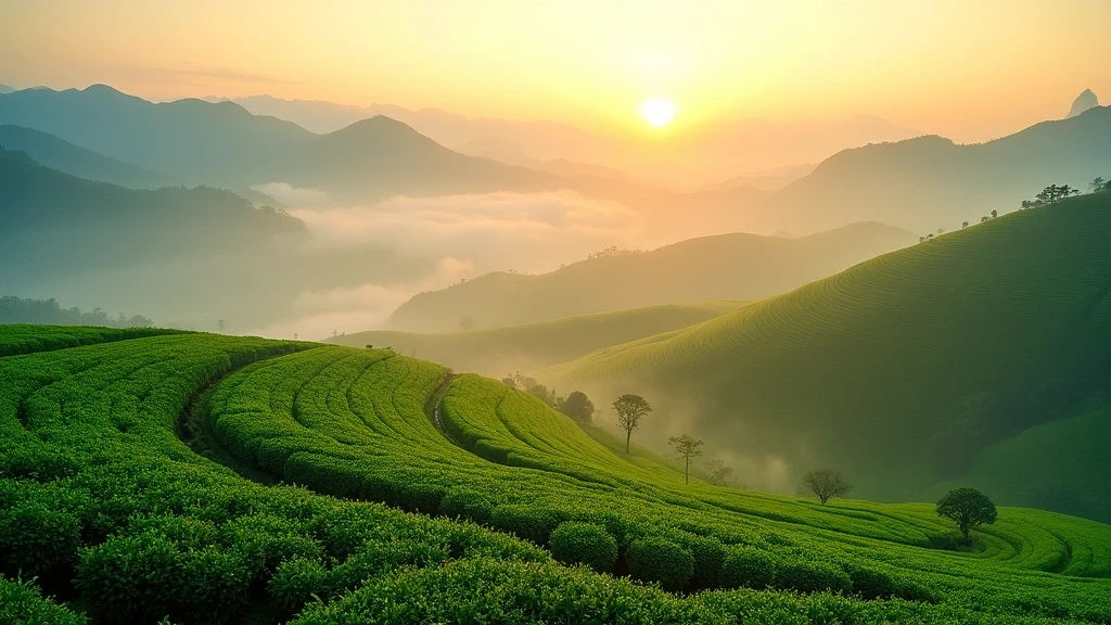 Panoramablick auf Longjing-Teeplantagen in Hangzhou bei Sonnenaufgang