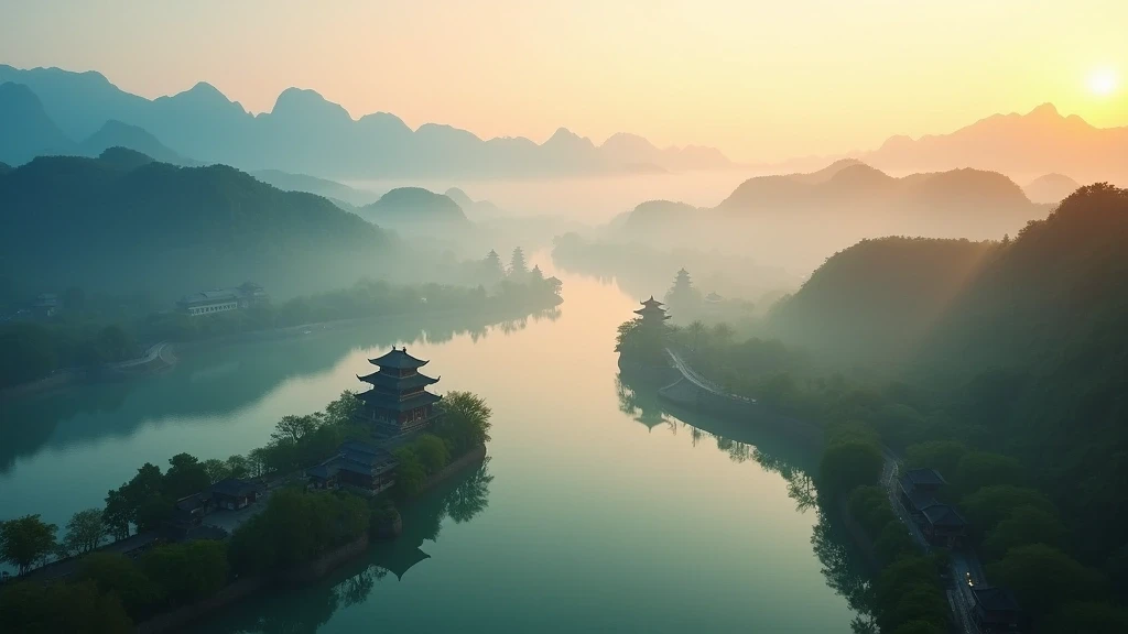 Luftaufnahme des Westsees in Hangzhou zur goldenen Stunde mit Pagoden und Huegeln