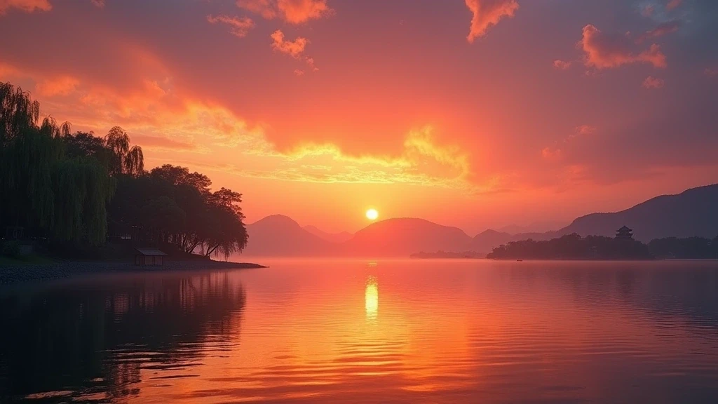 Sonnenuntergang ueber dem Westsee in Hangzhou mit Spiegelungen und Pagoden