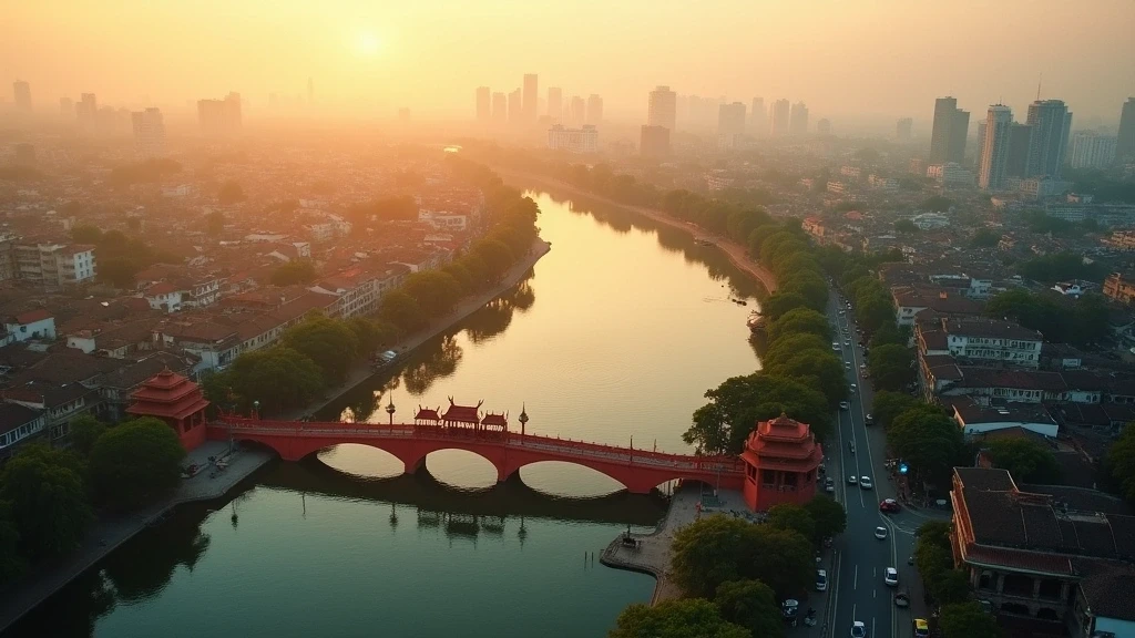 Luftaufnahme des Hoan Kiem Sees in Hanoi zur goldenen Stunde mit roter Bruecke und Tempel